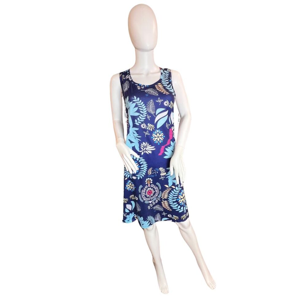 Boutique Dress XL Navy Tropical Floral Hawaiian Print Casual Summer Resort Wear